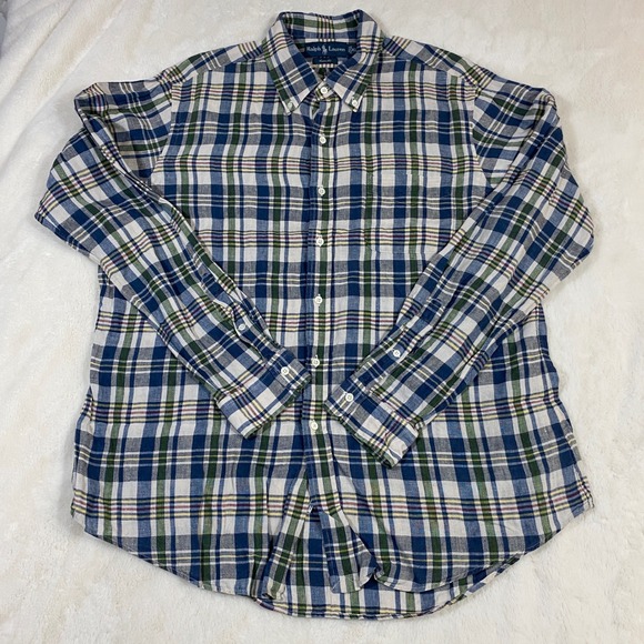 Vintage Ralph Lauren Linen Plaid Mens XL Custom Fit Button Down Shirt Preppy - Picture 2 of 9